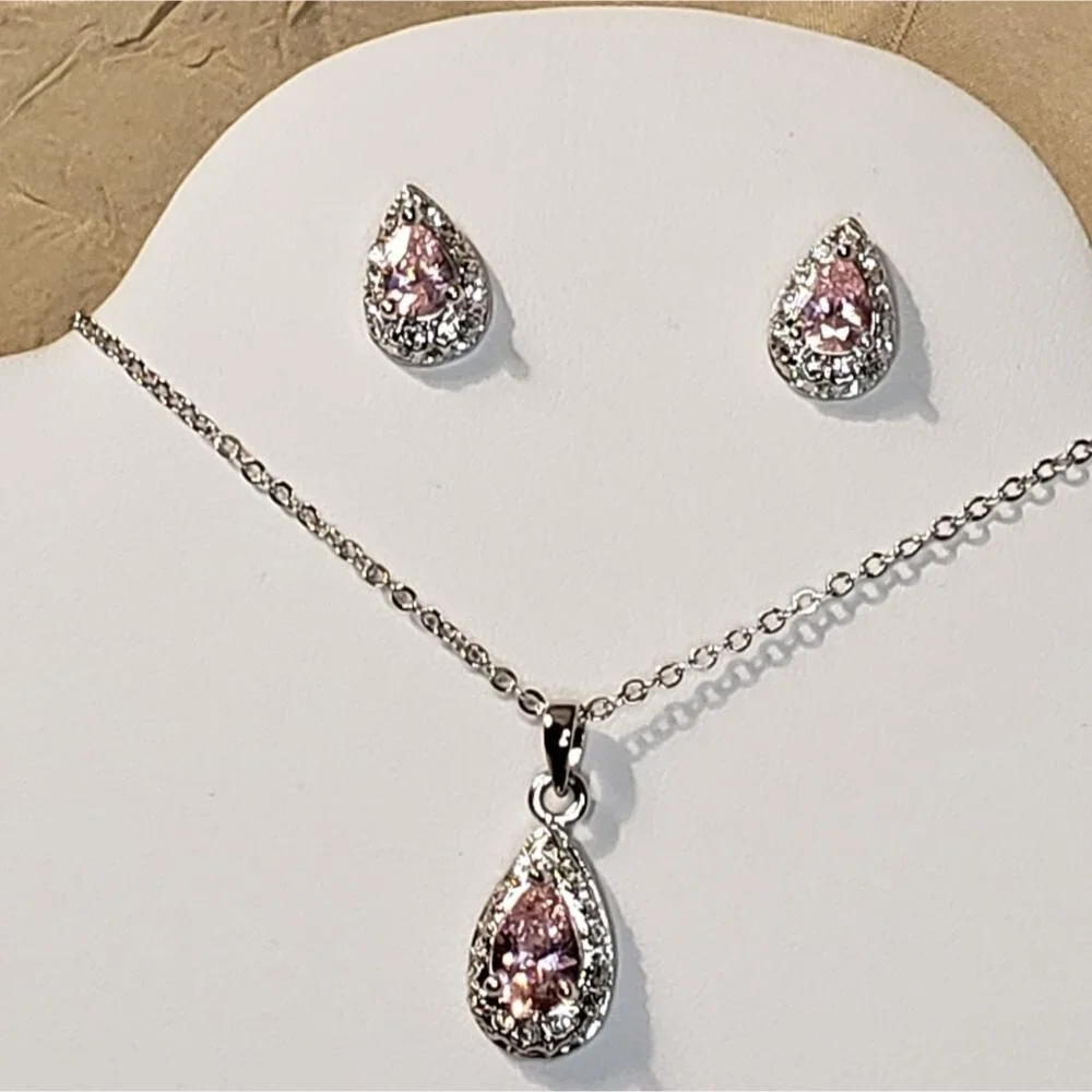 Pink sapphire and CZ pear shaped necklace, earrings and Ring, NEW